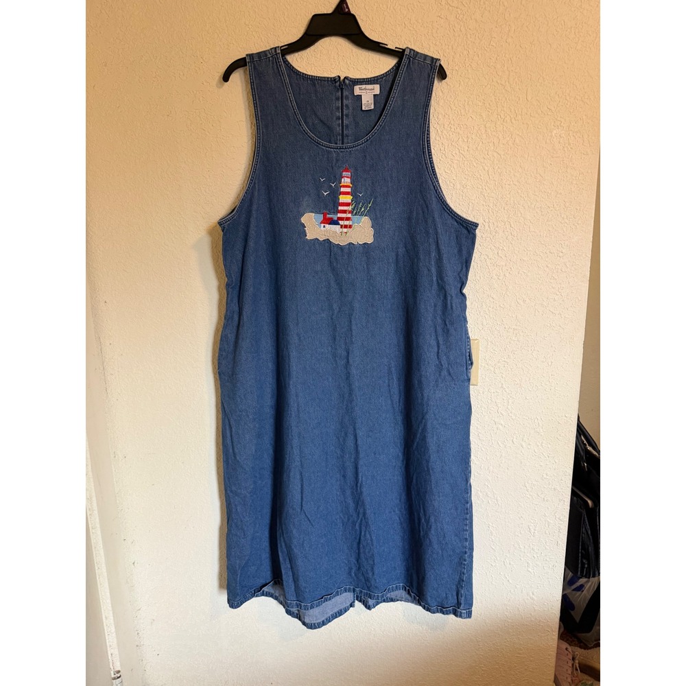 Westbound II Womens 2X Denim Lighthouse Embroidered Maxi Jumper Dress Modest